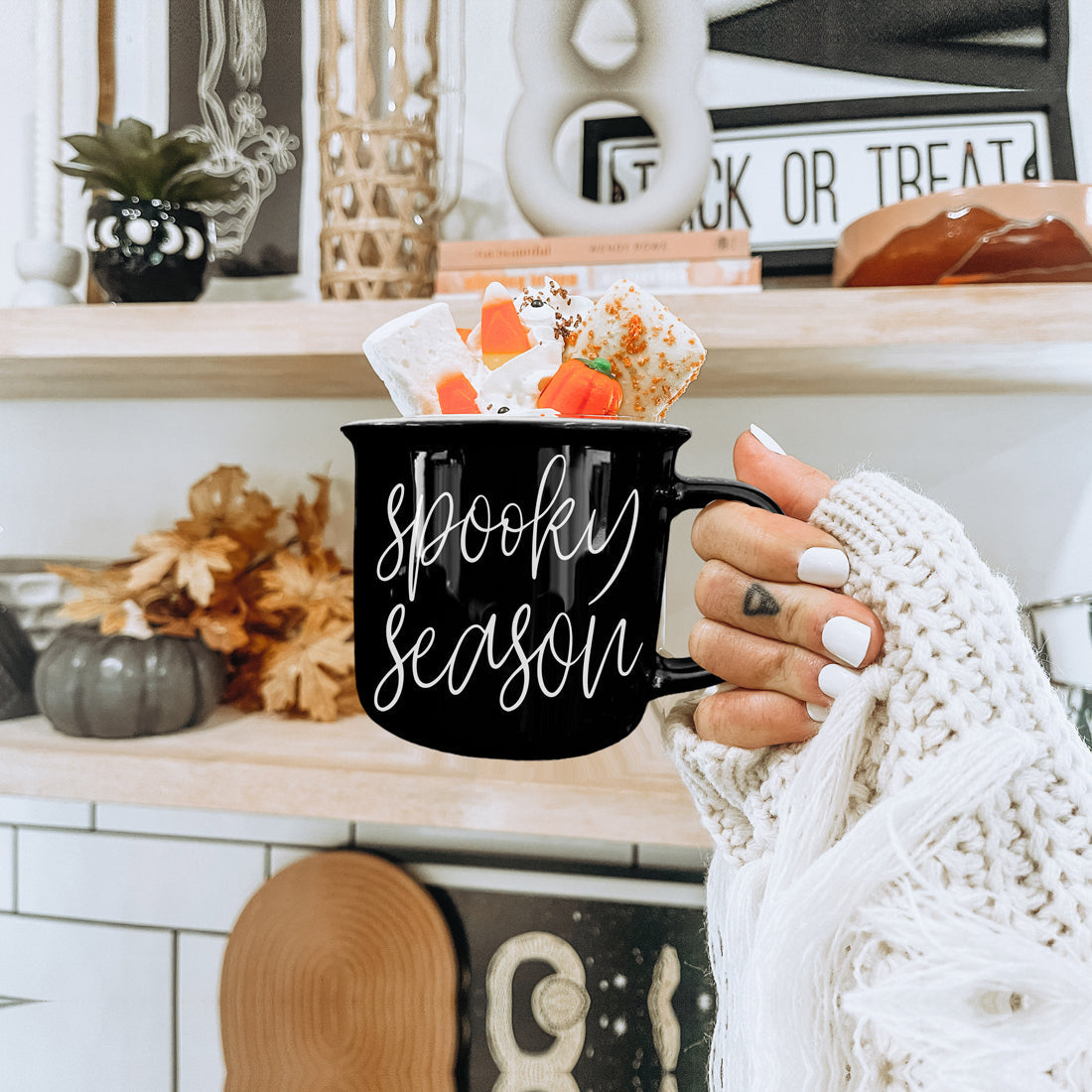 Spooky Season Black Ceramic Mug 14.5oz Halloween Coffee Cup Haunted White Graphics