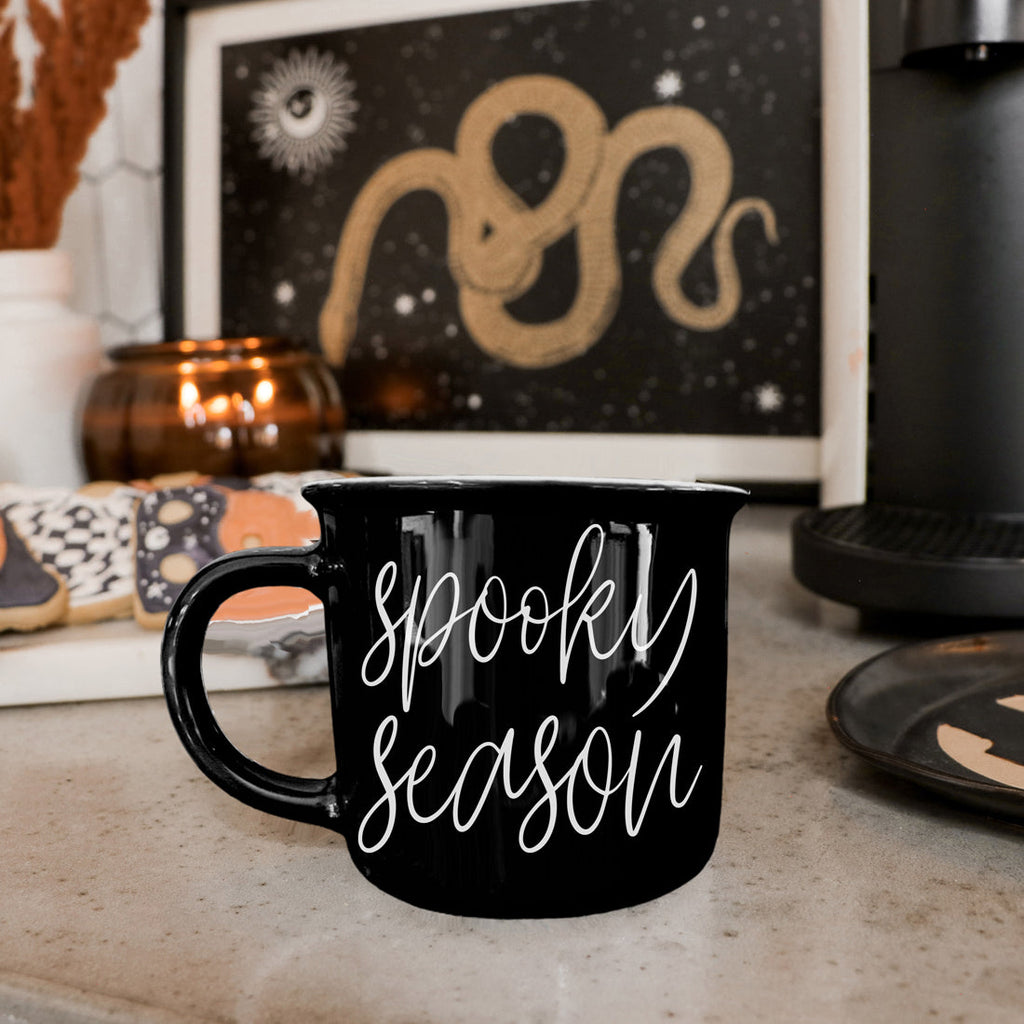 Spooky Season Black Ceramic Mug 14.5oz Halloween Coffee Cup Haunted White Graphics