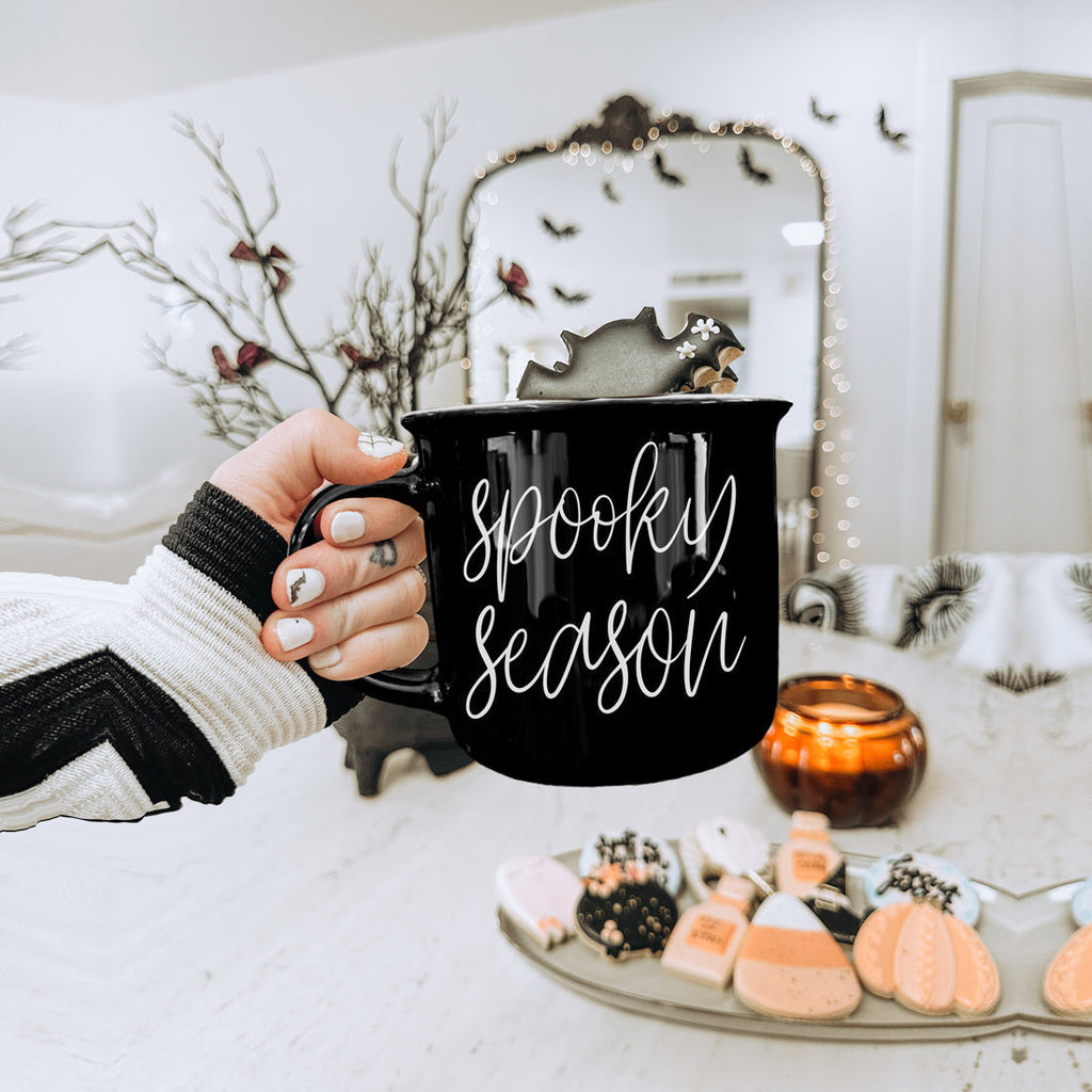 Spooky Season Black Ceramic Mug 14.5oz Halloween Coffee Cup Haunted White Graphics