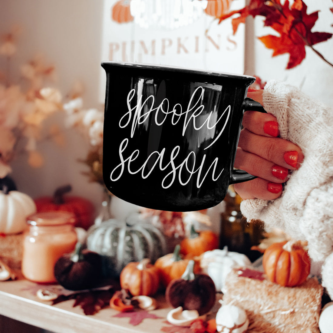 Spooky Season Black Ceramic Mug 14.5oz Halloween Coffee Cup Haunted White Graphics