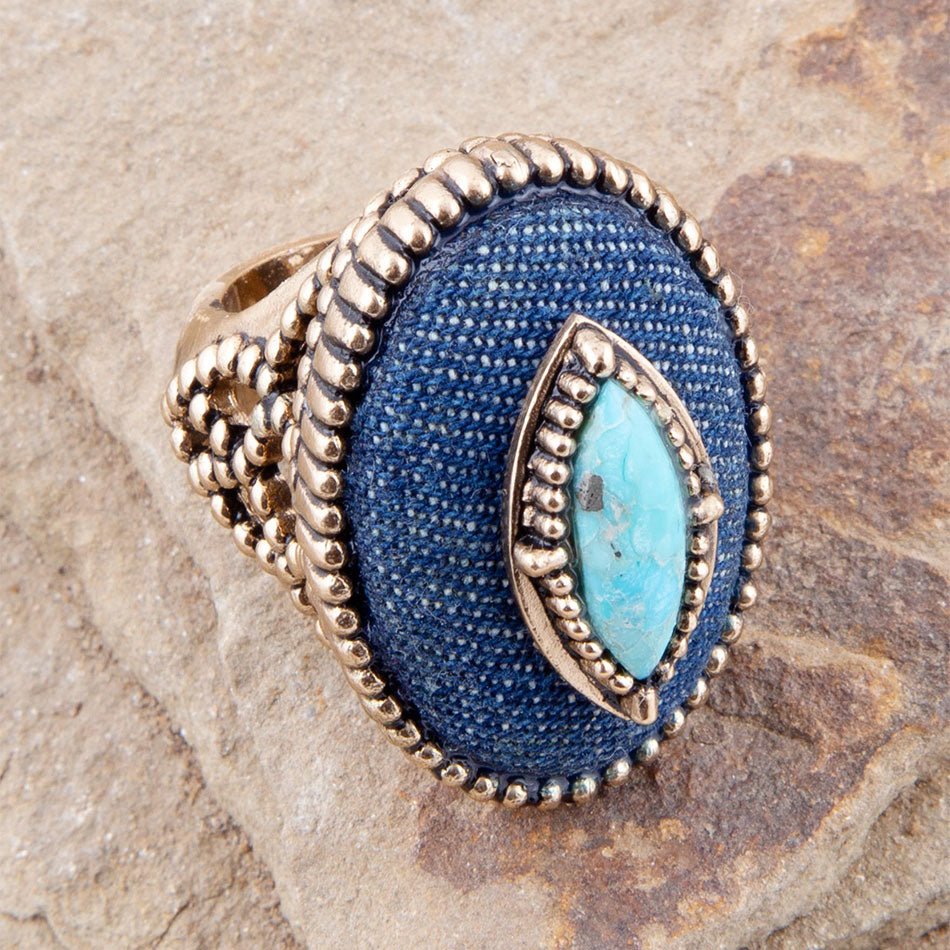 Stacked Blue Turquoise and Denim Golden Statement Ring