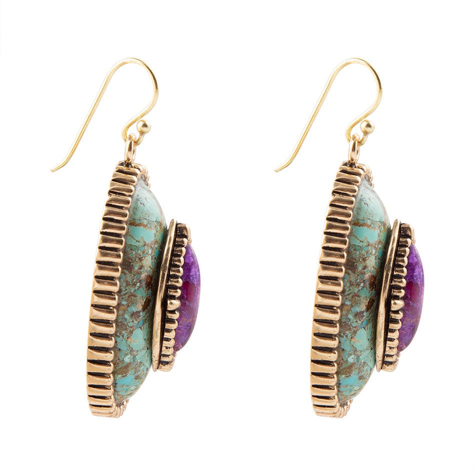 Stacked Stone Blue and Purple Turquoise Golden Drop Earrings