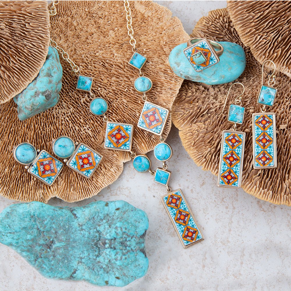 Talavera Tile Blue Turquoise Golden Drop Earrings