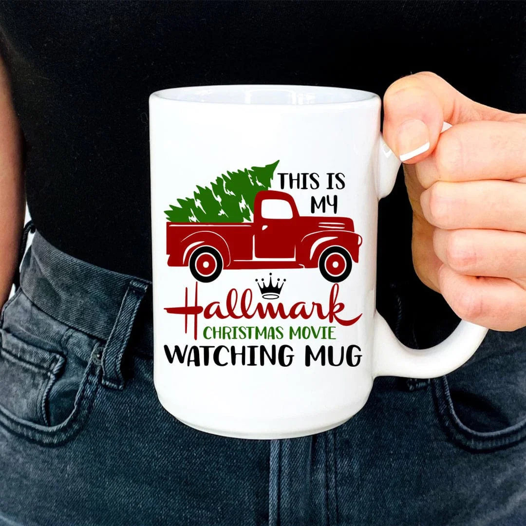 Holiday Red Truck Christmas Movie Watching Mug – 15 oz Coffee Cup