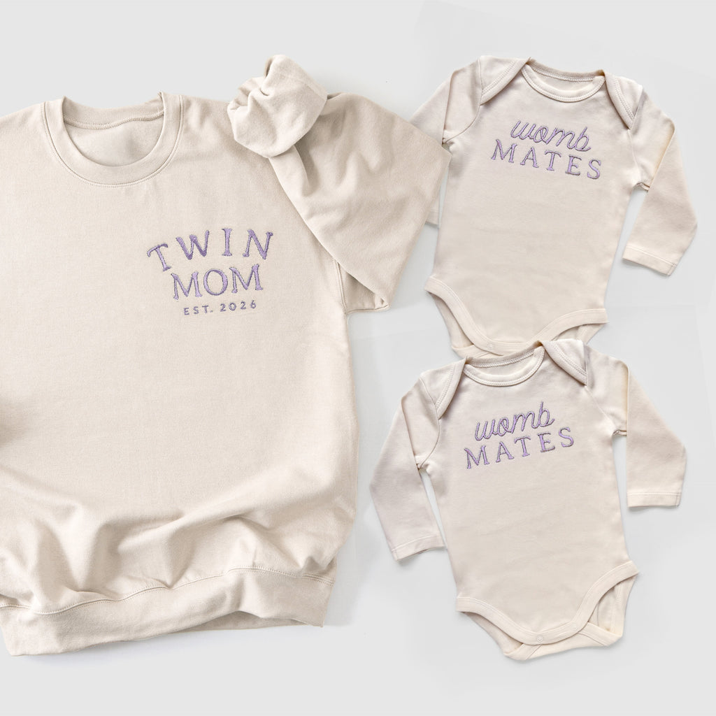 Custom "Womb Mates" Embroidered Baby Outfits for Twins & Triplets (Set of 2)