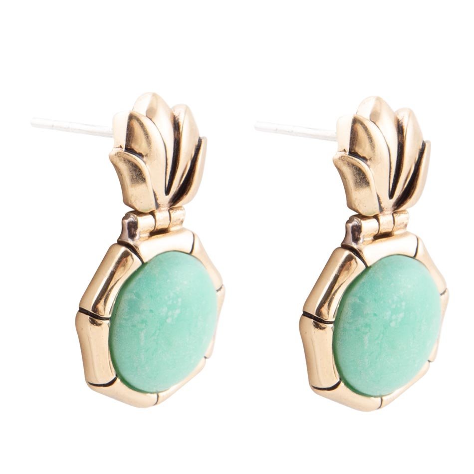 Vibrant Green Chrysoprase Golden Lotus Post Earrings