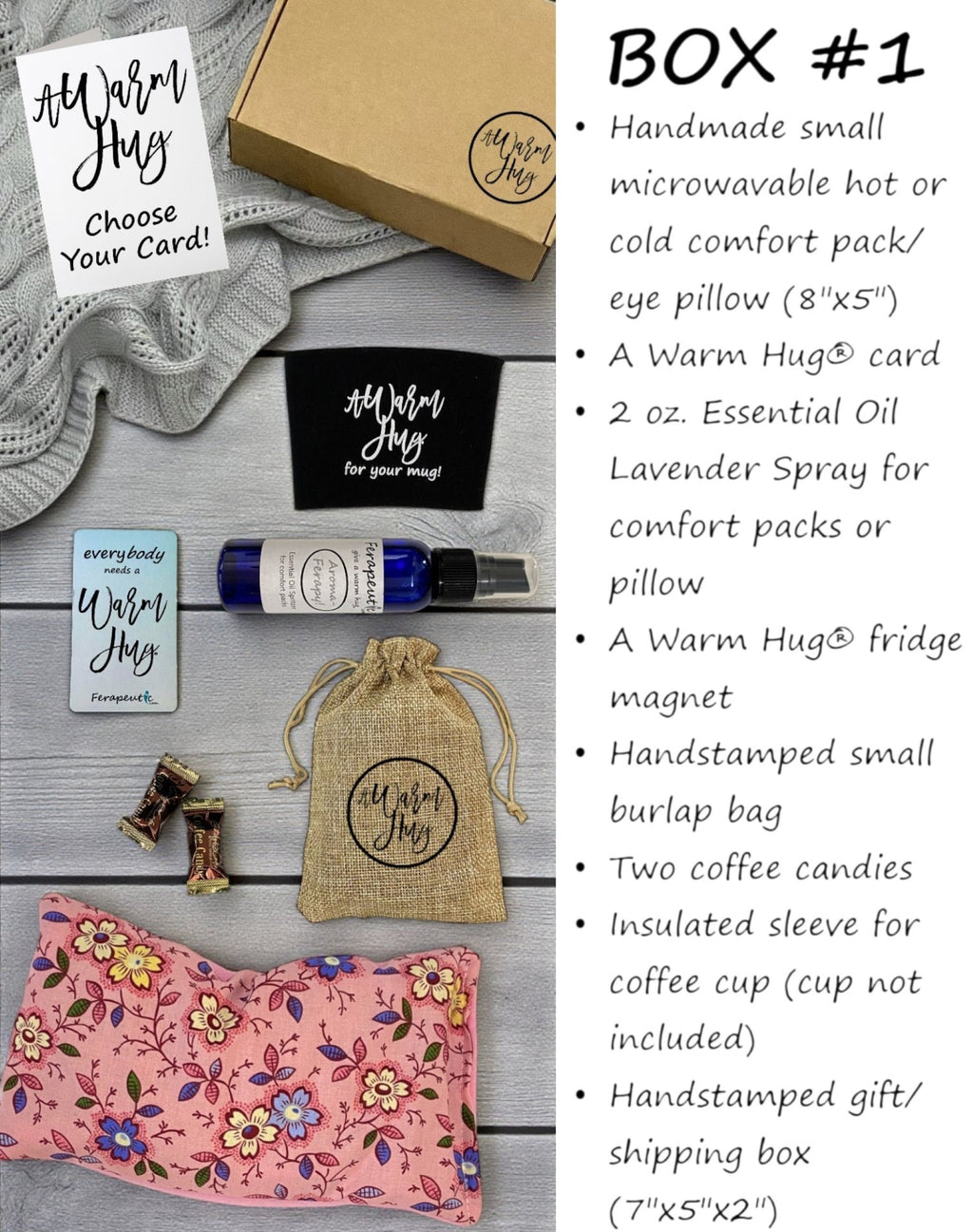 A Warm Hug Box, Best Gift with Microwavable Heat Pads, Essential Oil Spray, Cup Sleeve, Magnet , Pink Fabric