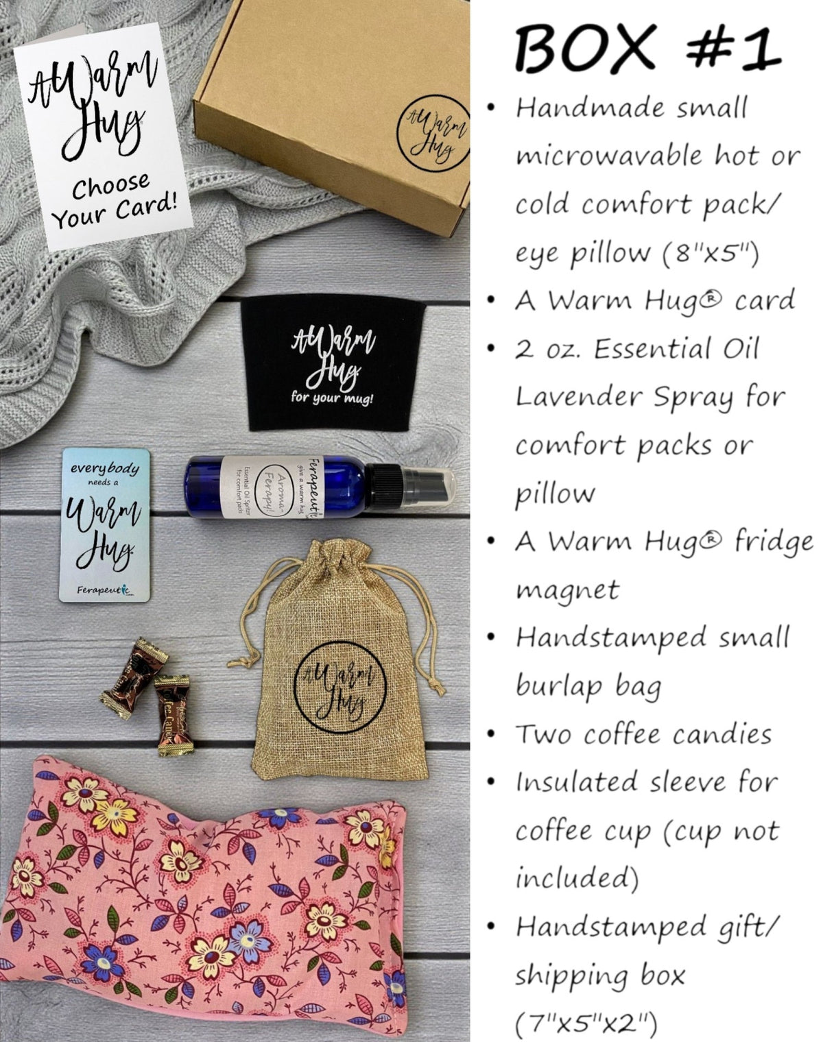 A Warm Hug Box, Best Gift with Microwavable Heat Pads, Essential Oil Spray, Cup Sleeve, Magnet , Pink Fabric