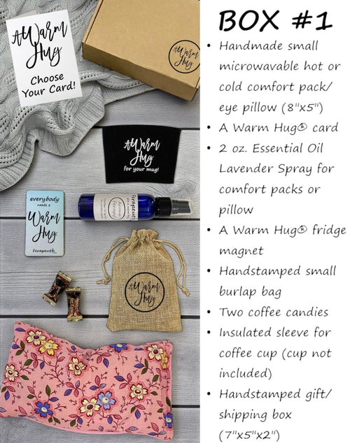 A Warm Hug Box, Best Gift with Microwavable Heat Pads, Essential Oil Spray, Cup Sleeve, Magnet , Pink Fabric