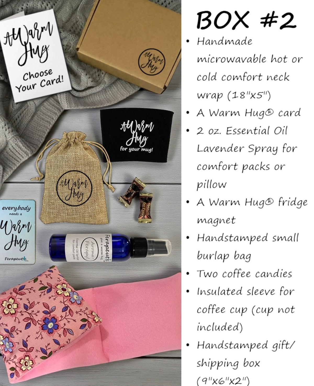 A Warm Hug Box, Best Gift with Microwavable Heat Pads, Essential Oil Spray, Cup Sleeve, Magnet , Pink Fabric