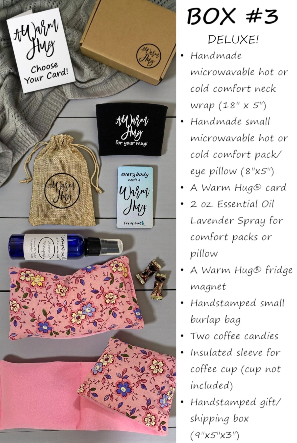 A Warm Hug Box, Best Gift with Microwavable Heat Pads, Essential Oil Spray, Cup Sleeve, Magnet , Pink Fabric