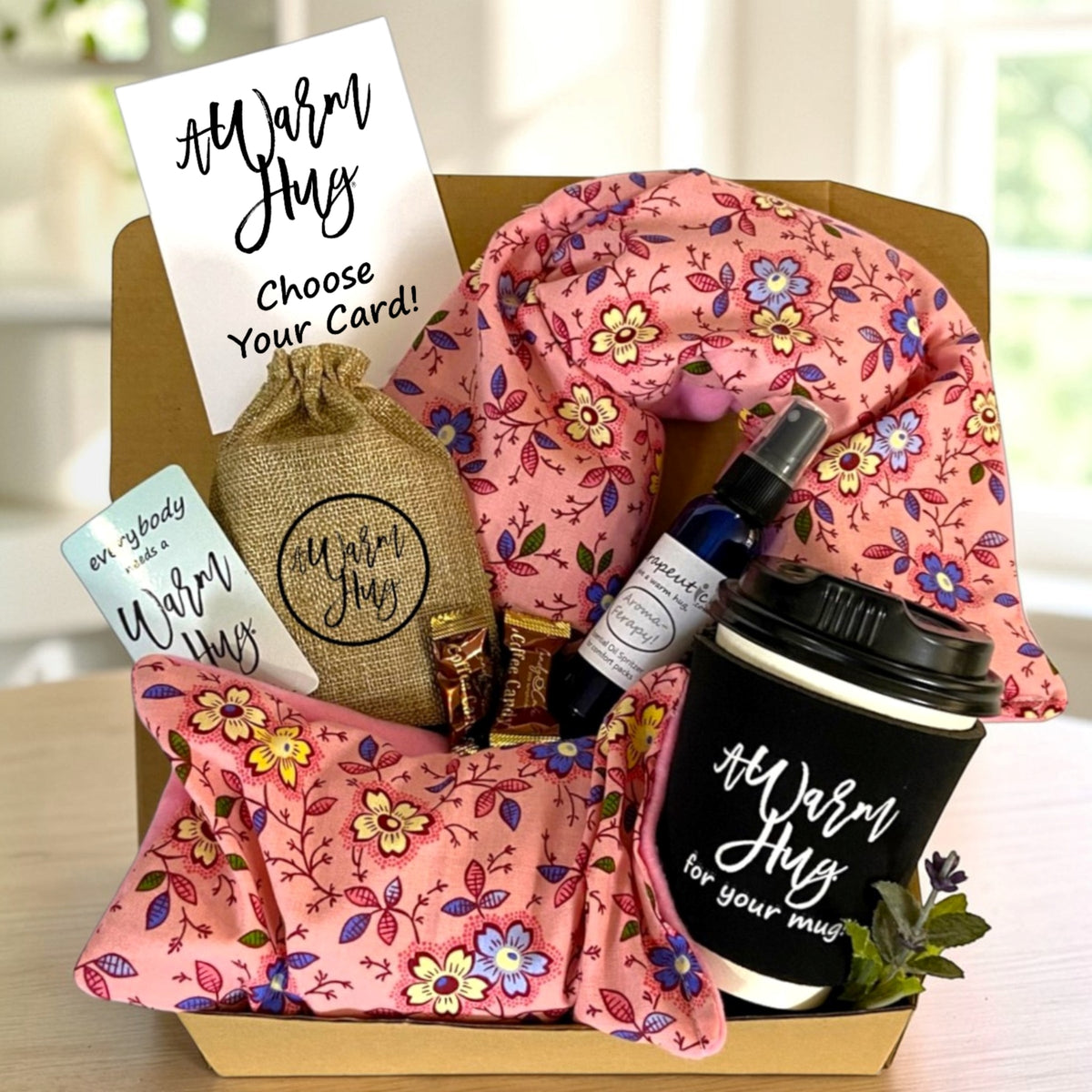 A Warm Hug Box, Best Gift with Microwavable Heat Pads, Essential Oil Spray, Cup Sleeve, Magnet , Pink Fabric