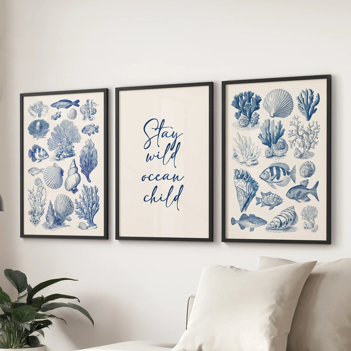 Coastal Sea Life Prints. Blue Sea Shells and Fish Print Set