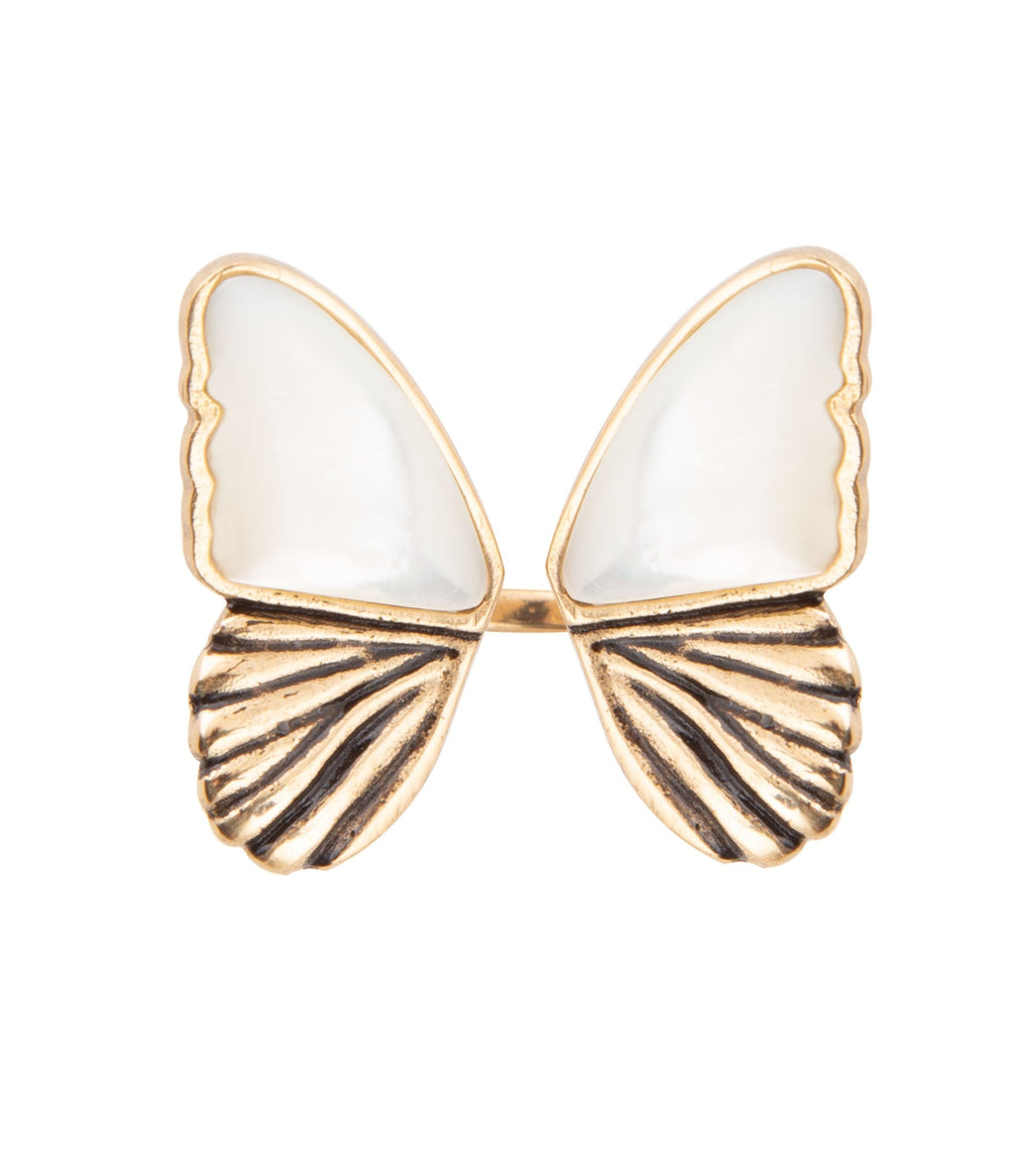 White Mother of Pearl Golden Butterfly Statement Ring