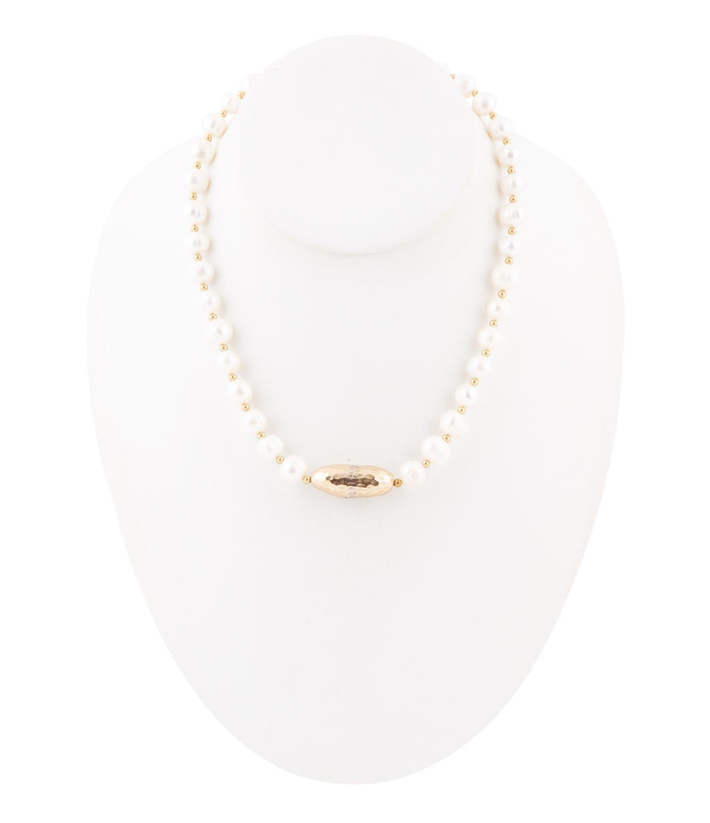 White Pearl Golden Beaded Strand Necklace
