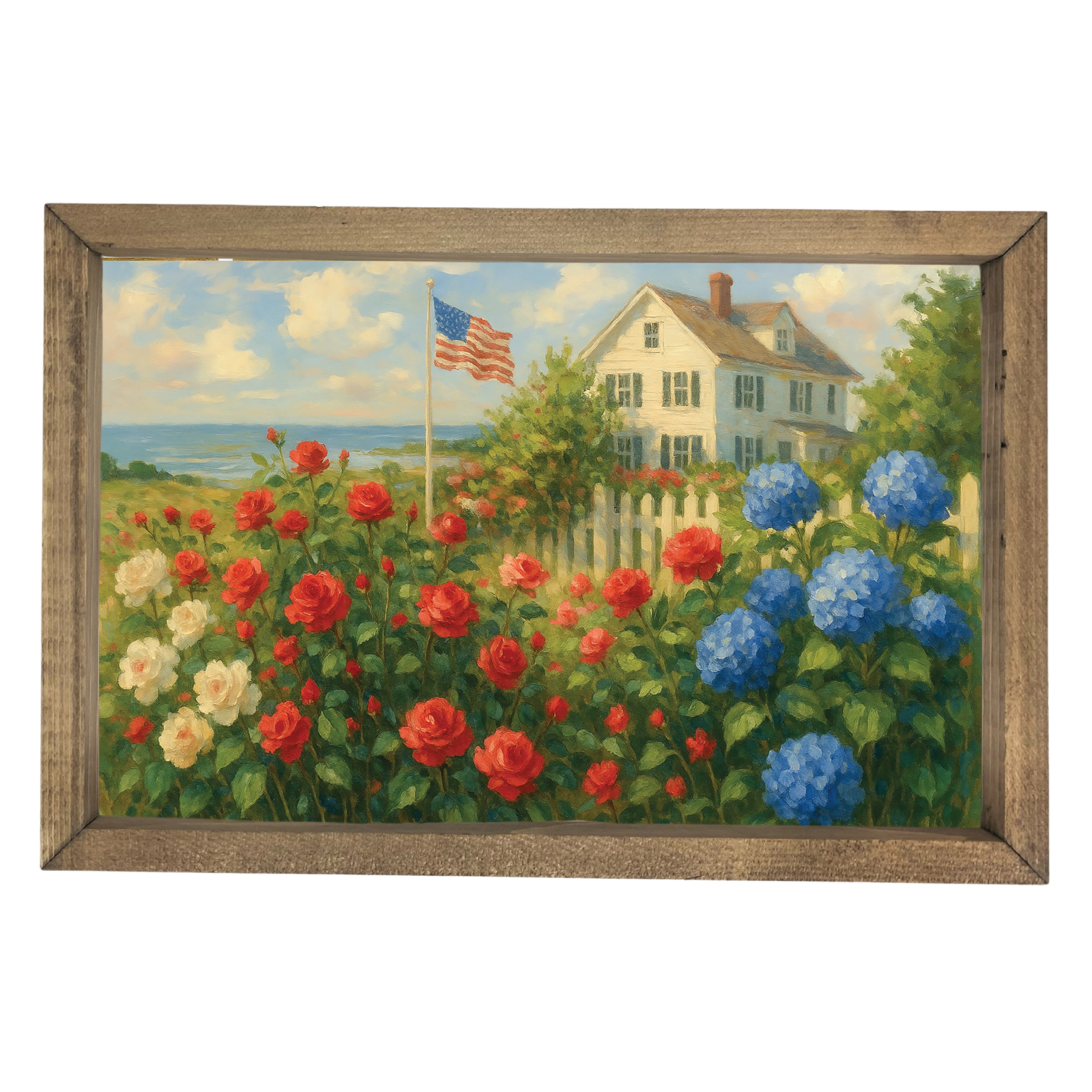 Cottage with Patriotic Flowers Framed Art