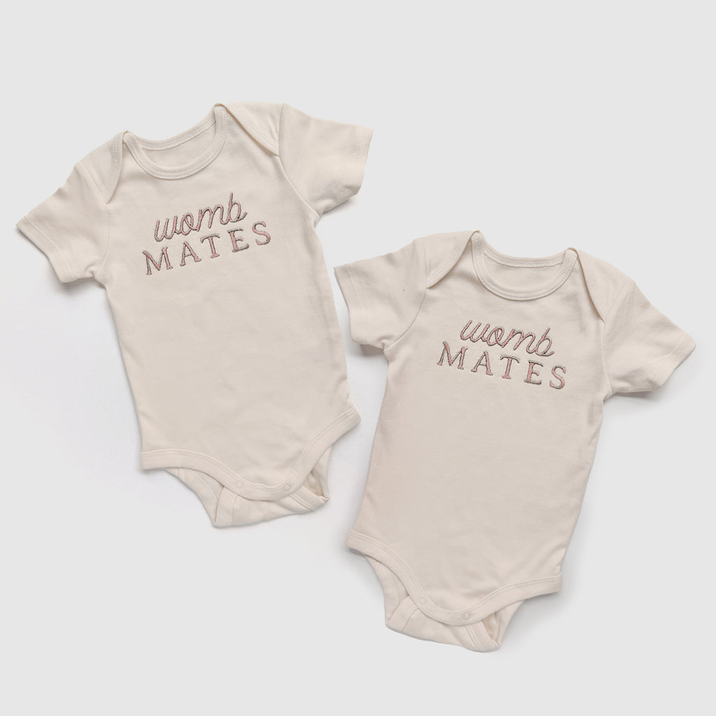 Custom "Womb Mates" Embroidered Baby Outfits for Twins & Triplets (Set of 2)