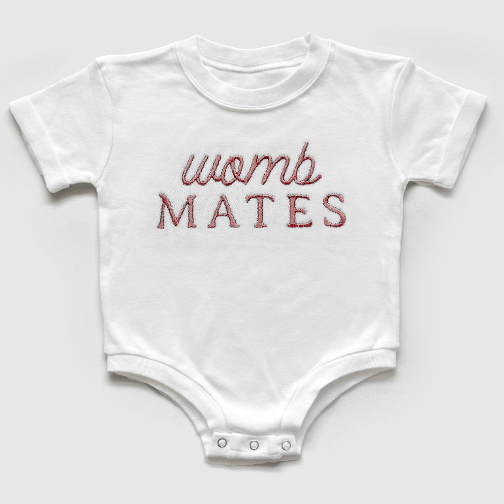 Custom "Womb Mates" Embroidered Baby Outfits for Twins & Triplets (Set of 2)