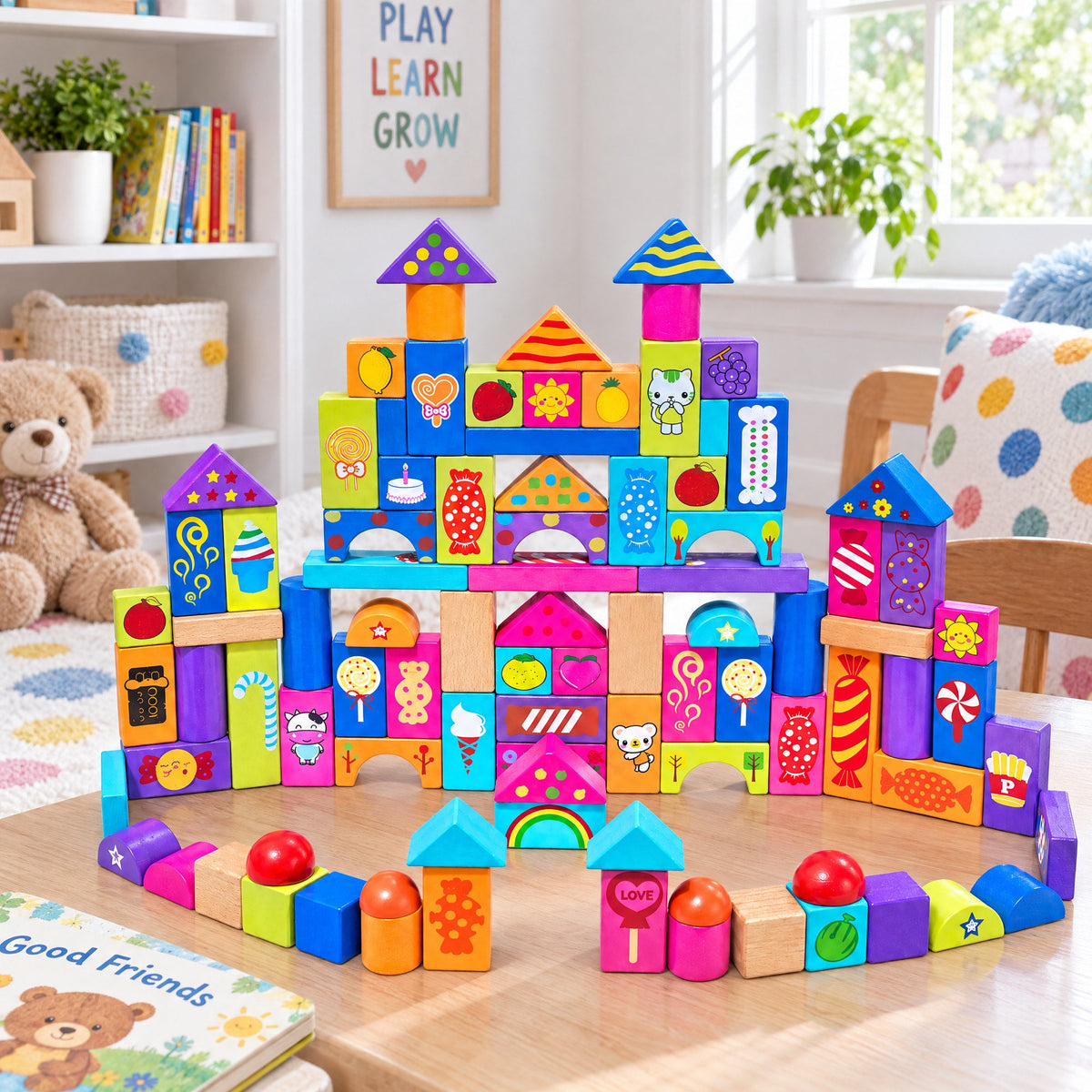 Set of 90 Colorful Wooden Building Blocks Educational Stacking Toy Castle