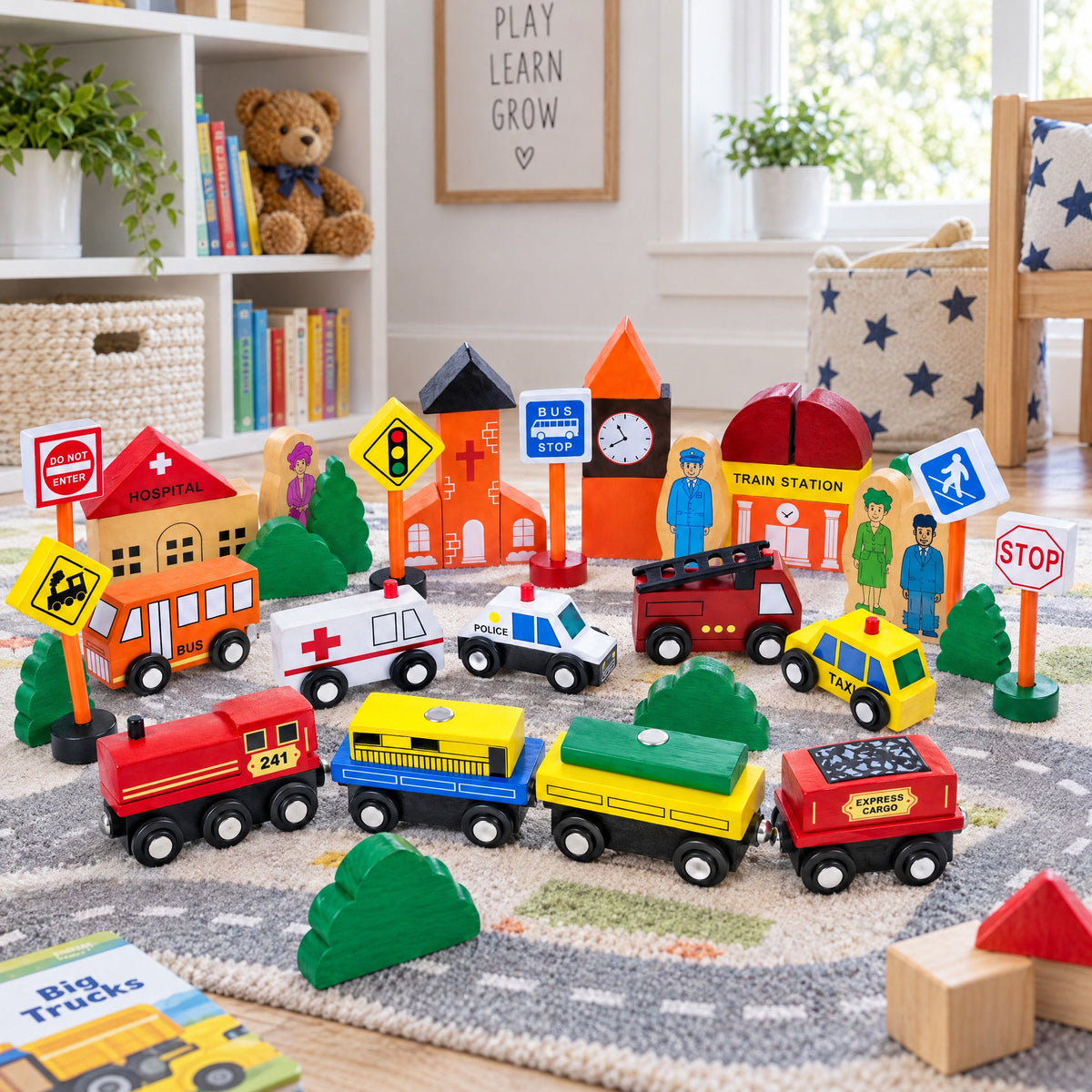 Set of 40 Pieces City Vehicles, Buildings, and Signs Wooden Blocks